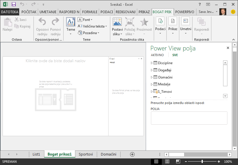 prazan Power View izveštaj u programu Excel