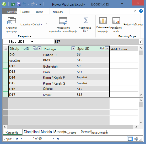 kopiranje polja u programskom dodatku Power Pivot