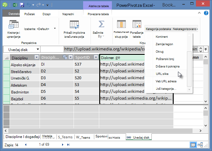Podešavanje kategorije podataka u programskom dodatku Power Pivot