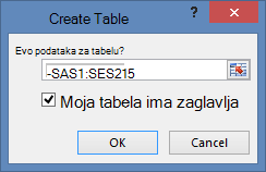 prozor „Kreiranje tabele“
