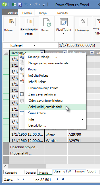 kliknite desnim tasterom miša da biste sakrili polja tabele od Excel klijentskih alatki