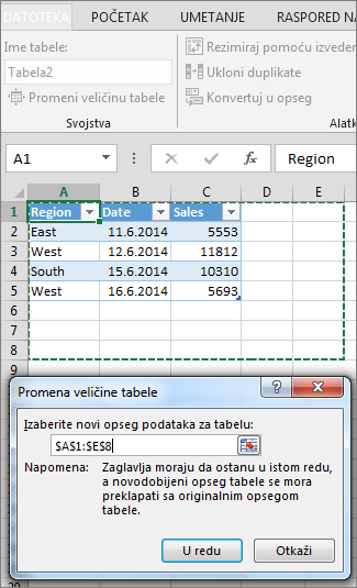 Promena veličine tabele