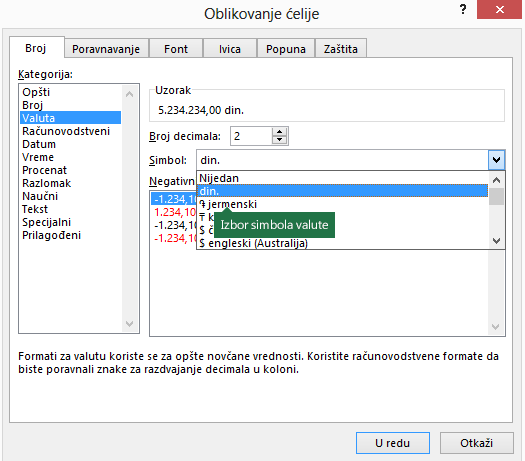 Izbor simbola valute u dijalogu 