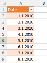 Kolona sa datumima u programskom dodatku Power Pivot