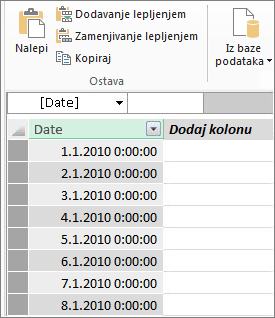 Tabela sa datumima u programskom dodatku Power Pivot