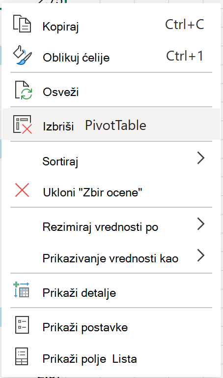 Izbrišite izvedenu tabelu iz kontekstualnog menija na vebu.