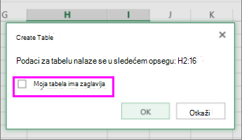 Dijalog za konvertovanje opsega podataka u tabelu