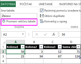 korišćenje opcije „promena veličine tabele“ iz „Alatki za tabele“