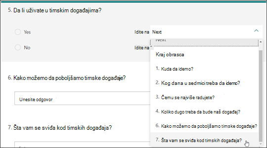Kreiranje grana na druga pitanja na osnovu odgovora na drugo pitanje