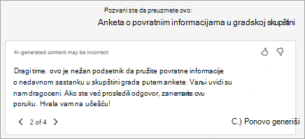 Kopilot automatski generiše predloženi tekst poziva. Tekst možete da uredite ovde ili da izaberete stavku Ponovo napiši pomoću funkcije Copilot da biste ga zamolili da generiše novu verziju.