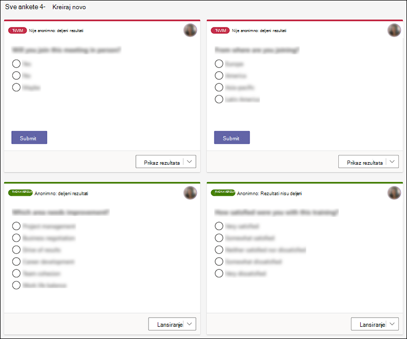 Microsoft Forms ankete kreirane u usluzi Teams u različitim državama, kao što su živa i radna verzija