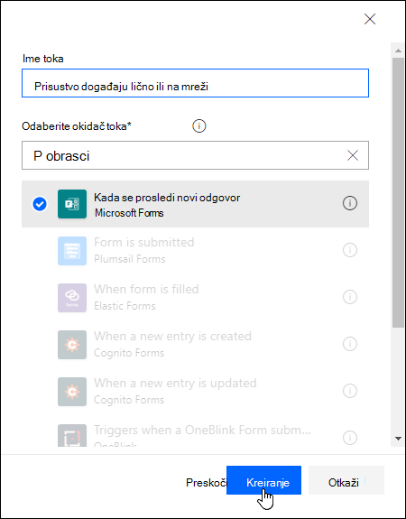 Odaberite okidač toka u programskom dodatku Power Automate
