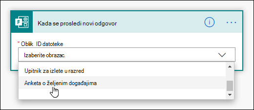 Izbor obrasca za okidač u programskom dodatku Power Automate