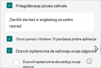 Postavke za test će otkriti opciju odgovora specifičnih za testove: Otvori pomoću Windows 10 Napravi test