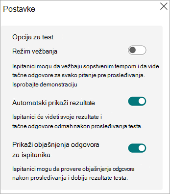 Preklopnici za režim vežbanja, automatski prikazuju rezultate i prikazuju objašnjenja odgovora za ispitanika prikazana samo za testove.