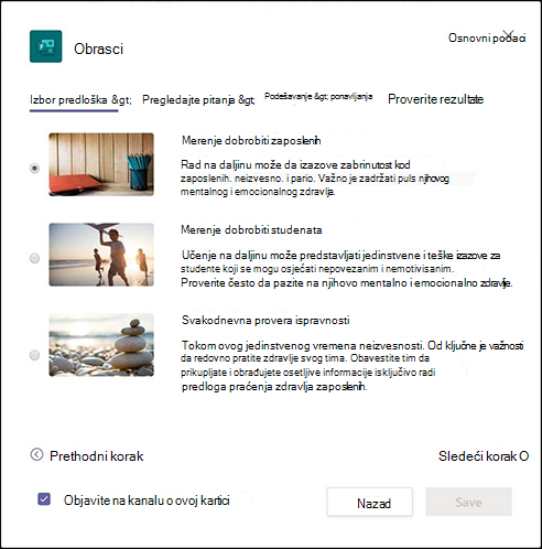 Forms dialog in Teams that describes the employee well-being measurement template and getting started with building the workflow