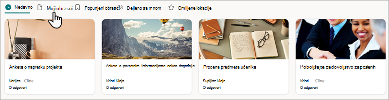 Snimak ekrana koji prikazuje gde možete da pronađete obrasce u programu Microsoft Forms.