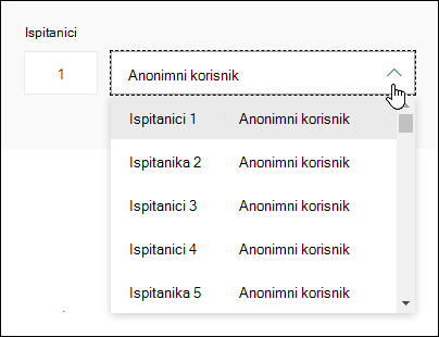 Prikaz padajuće liste ispitanika u programu Microsoft Forms