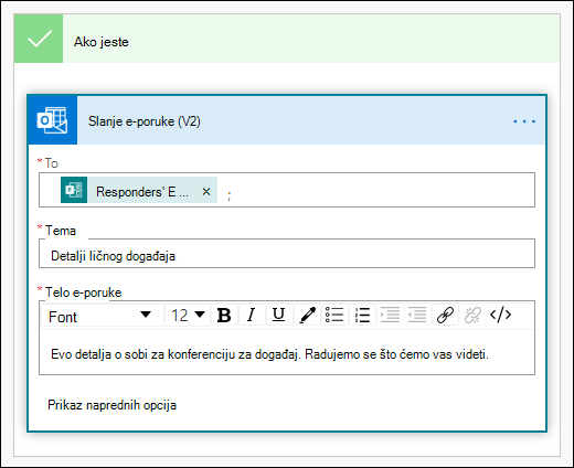 Dodavanje osoba, reda za temu i tela teksta u e-poruci kao radnje u programskom dodatku Power Automate
