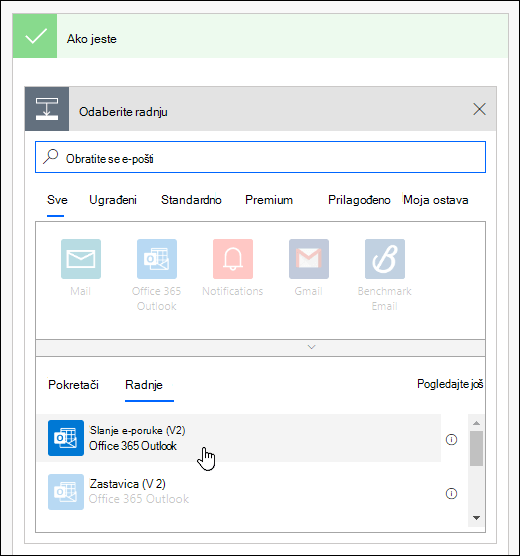 Odaberite stavku pošalji obaveštenje putem e-pošte kao radnju u programskom dodatku Power Automate