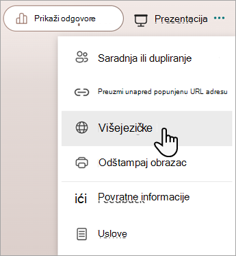 Snimak ekrana koji prikazuje višejezičke funkcije za dodavanje jezika u Microsoft obrazac ili test.