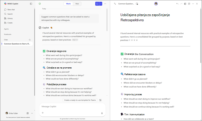 Uporedni prikaz stranica Copilot Chat i Copilot stranica u Microsoft 365 Copilot aplikaciji.