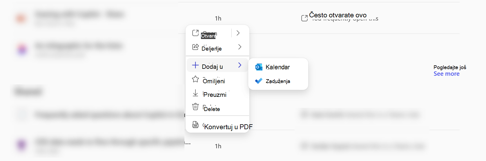 Kontekstualni meni u Microsoft 365 Copilot koji prikazuje da možete da dodate datoteku u fasciklu Calendar ili Zaduženja.