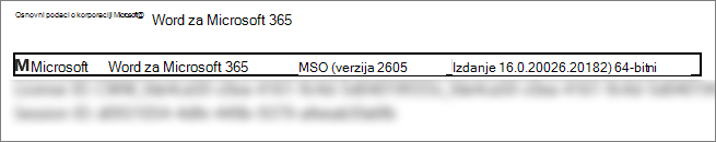 Snimak ekrana koji prikazuje verziju programa Word, izgradnju, i bitnu verziju.