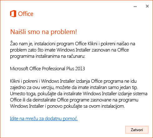 Greška prilikom instaliranja Klikni i pokreni preko MSI instalacije