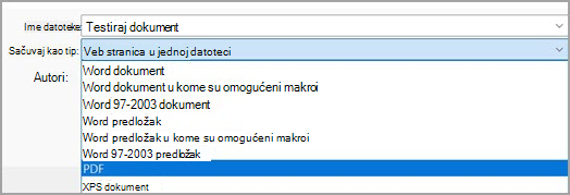 Slika koja prikazuje izbor PDF-a (*.pdf) iz padajućeg menija