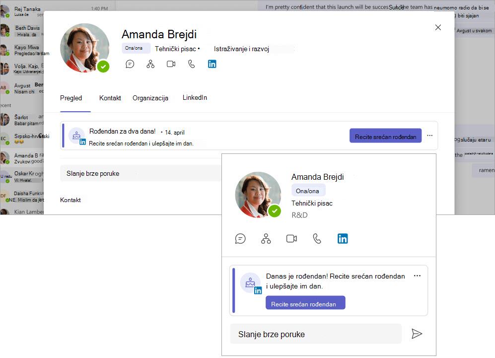 Kartica Teams profila sa istaknutim stavkama