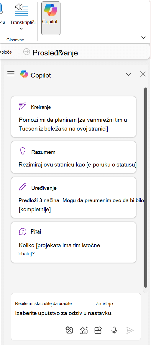 Okno funkcije Copilot u programu OneNote sa desne strane stranice.