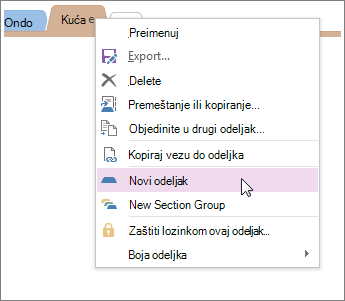 Dodavanje novog odeljka u programu OneNote.