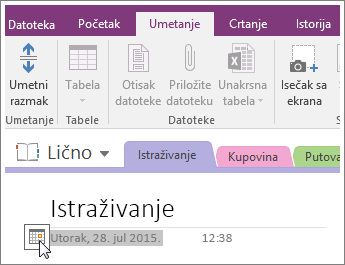 Snimak ekrana kako da promenite oznaku datuma stranice u programu OneNote 2016.