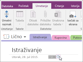 Snimak ekrana promene vremenske oznake na stranici u programu OneNote 2016.