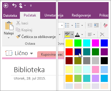 Snimak ekrana dugmeta „Boja za isticanje teksta“ u programu OneNote 2016.