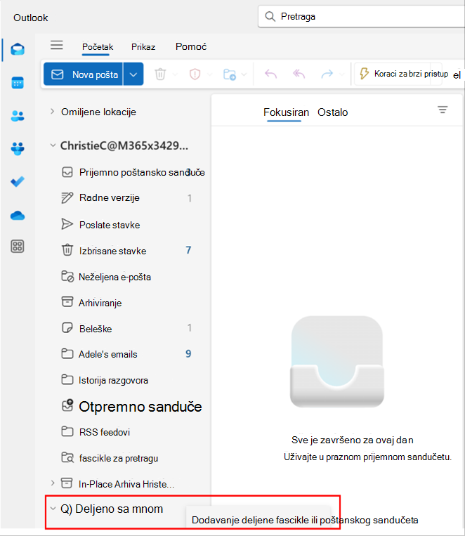 Snimak ekrana iskačućeg prozora u programu Outlook za dodavanje deljene fascikle ili poštanskog sandučeta
