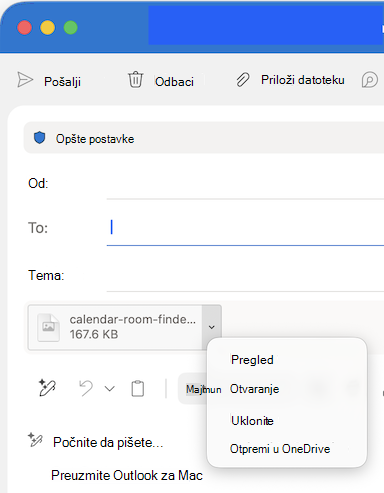 Opcije padajućeg menija za prilaganje datoteke u programu Outlook za Mac