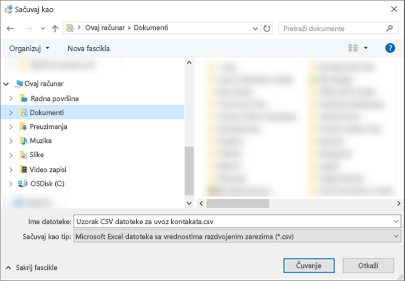 Kad preuzmete uzorak .csv datoteke, sačuvajte ga na računaru kao .csv tip datoteke.