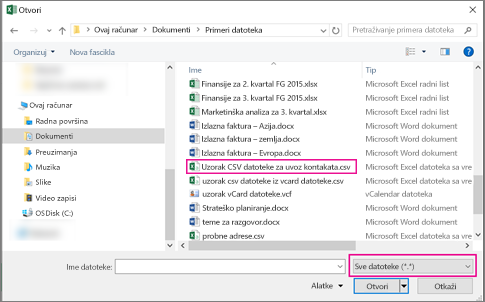 Da biste pronašli .csv datoteku, obavezno pretražujte „Sve datoteke“.