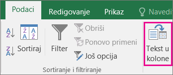 Izbor teksta podataka > u kolone