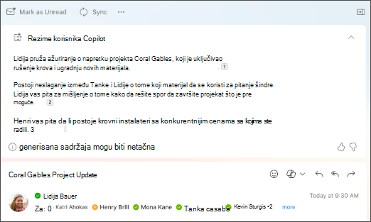 Rezime niti e-pošte sa citatima koje je kreirala funkcija Copilot