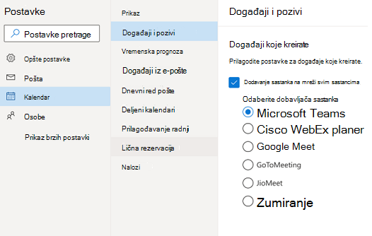 Outlook na vebu – izaberite podrazumevanog dobavljača sastanaka na mreži