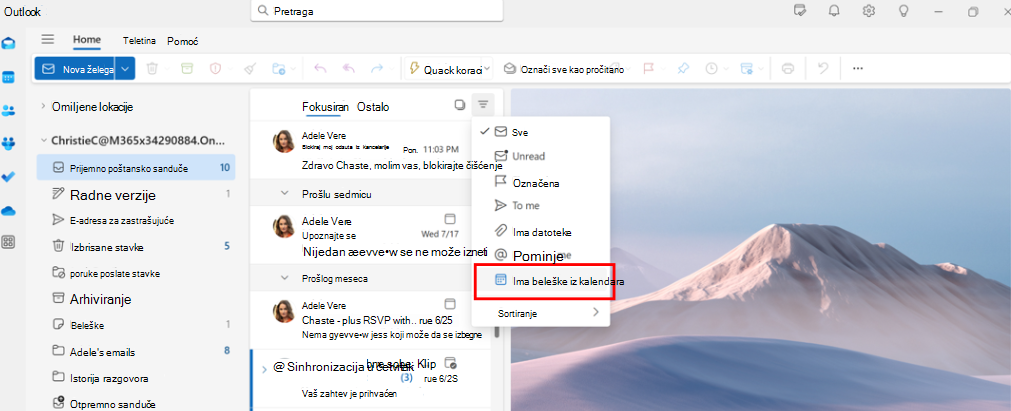 Snimak ekrana prikazuje da izvršni administratori mogu da koriste filter e-pošte 