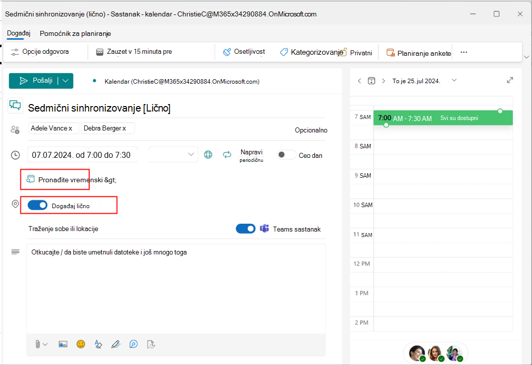 snimak ekrana prikazuje opciju za pronalaženje vremena prilikom planiranja sastanka u novom programu Outlook