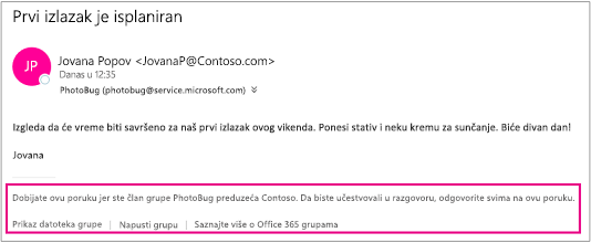 Sve e-poruke koje gost primi od članova grupe će imati podnožje sa uputstvima i vezama
