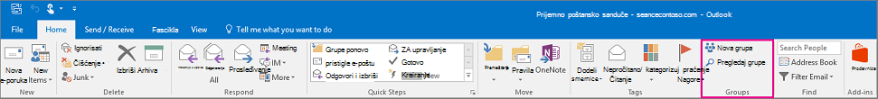 Opcije grupe na glavnoj traci programa Outlook