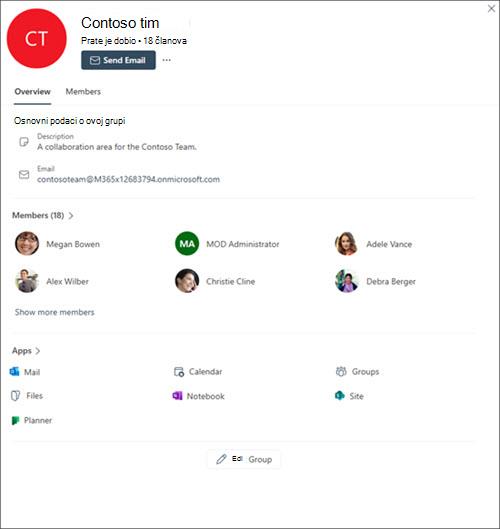 Slika kartice grupe u programu Outlook