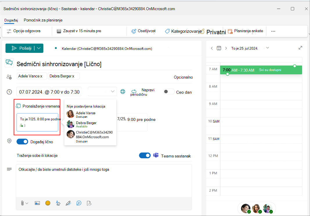 Snimak ekrana prikazuje uključen preklopnik ličnog događaja u novom programu Outlook