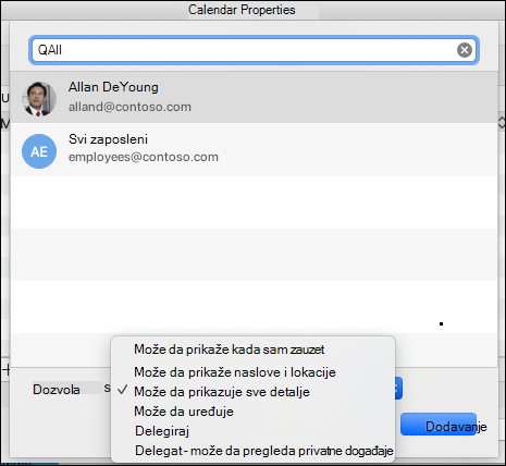 Postavke delegiranja za datu adresu e-pošte.